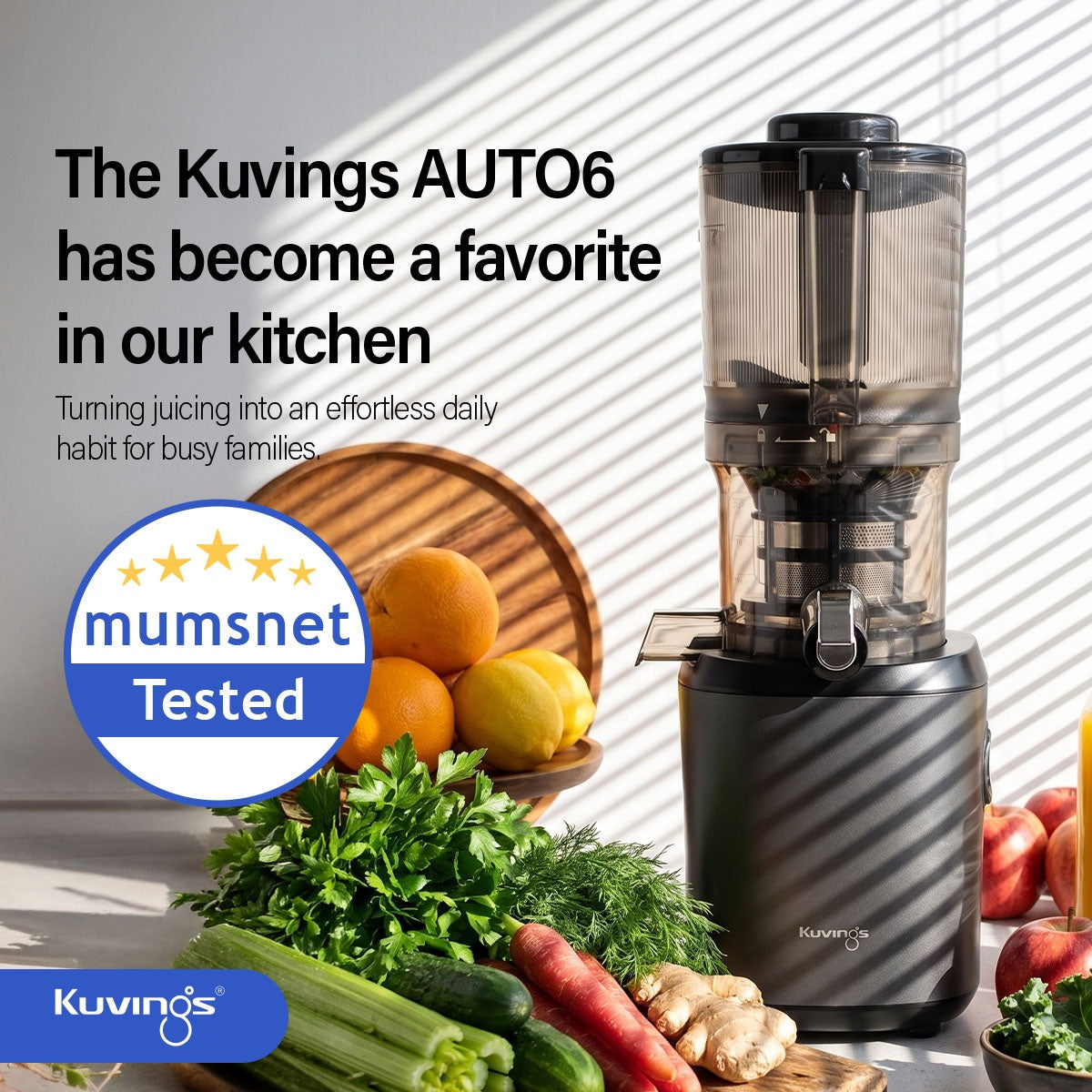เว็บไซต์ Mumsnet ยกย่องเครื่องคั้นน้ำผลไม้ Kuvings AUTO6 สำหรับความสะดวกสบายในการคั้นน้ำผลไม้แบบเงียบและไม่ต้องใช้มือ
